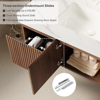 48" Floating Bathroom Vanity with Sink, Modern Plywood Bathroom Vanities with Drawer and Doors, Carrara White Sintered Stone Top and 3 Pre-drilled Faucet Holes Ceramic Basin, Pre-Assembled, Dark Oak