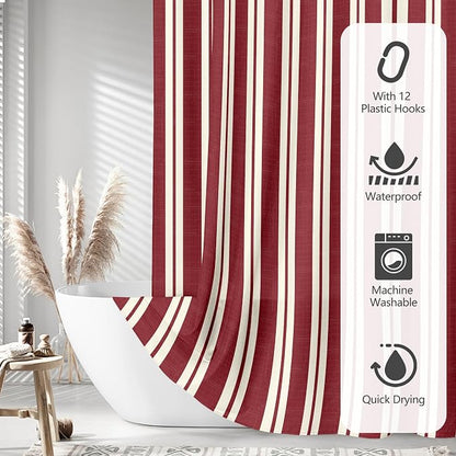 Tititex Cute Candy Cane Striped 140gsm Faux Linen Fabric Shower Curtain, Elegant Classic Burgundy Red Shower Curtain Sets Decoration 72x72 Inch with Hooks