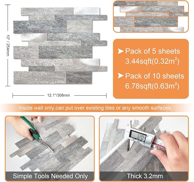 VAOVI Peel and Stick Tile Stone Backsplash for Kitchen Wall(10pcs,Gray)