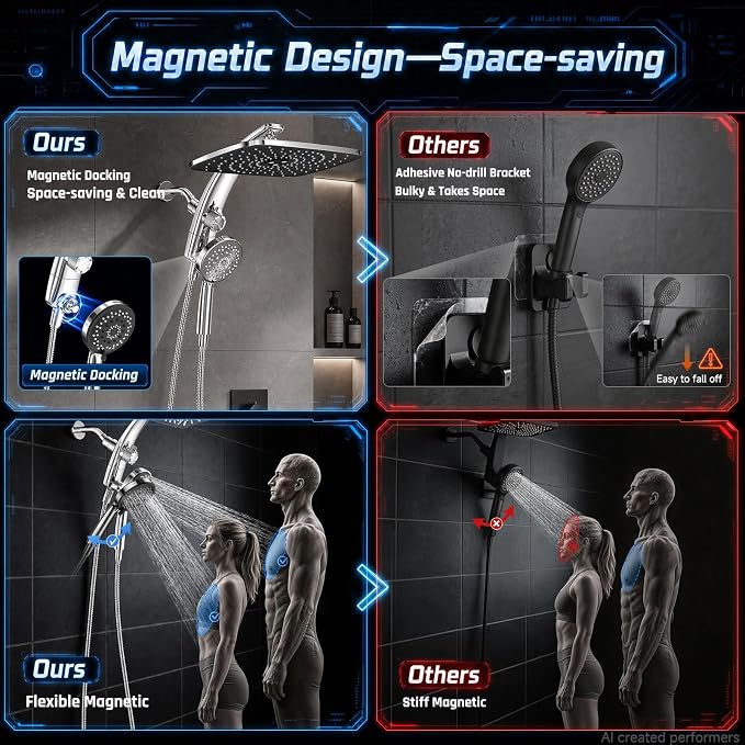 Veken 14" Luxurious Shower Head with Handheld,Full Body Coverage,Power Wash | Magnetic Hand Held,Dual Rain Shower Heads Combo,Large Rainfall,Double Detachable Showerhead,Ducha Para Shower,Chrome,Sliver