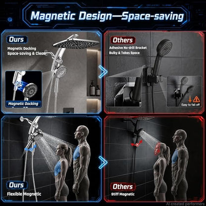 Veken 14" Luxurious Shower Head with Handheld,Full Body Coverage,Power Wash | Magnetic Hand Held,Dual Rain Shower Heads Combo,Large Rainfall,Double Detachable Showerhead,Ducha Para Shower,Chrome,Sliver