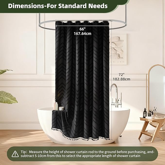 Boho Shower Curtain Black Tassel Woven Fabric Short Shower Curtain 72 x 66 Modern Farmhouse Textured Tufted Chevron Striped Minimalist Bathroom Shower Curtains