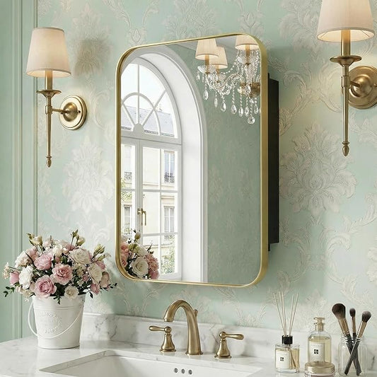 Casaphoria 24" H x 16" W W Bathroom Medicine Cabinet with Mirror, Metal Frame Wall Medicine Cabinets Mirrors, Wall Mirror Cabinet, Gold