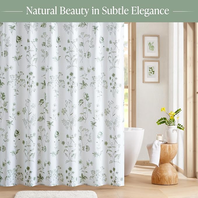 Martha Stewart Cotton Floral Extra Long Shower Curtain, 72 x 72, Sage Green | Martha's Garden Series, Botanical Floral Print, Spa Quality Modern, Machine Washable, Modern Bathroom Curtains