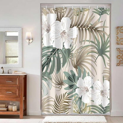 Tropical Shower Curtain for Bathroom, Green Palm Tree Flower Plant Boho Leaf Banana Monstera Sage Beige Shower Curtains Set, Fabric Bathroom Accessories with Hooks 47x64 Inch