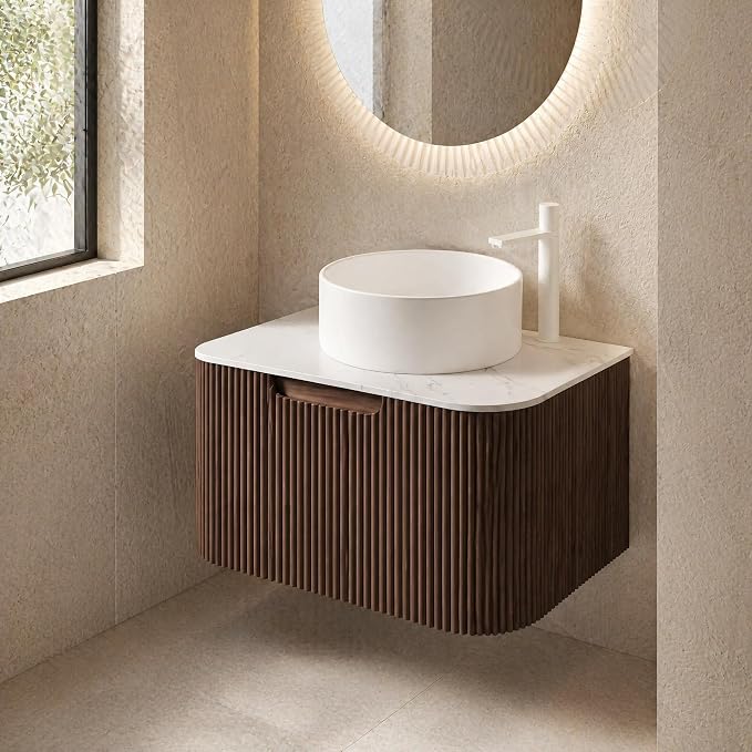 24 Inch Bathroom Vanity with Sink, Floating Wall Mounted Single Sink Vanity for Small Baths, Dark Walnut Curved Fluted Front, Stone Top, Pure White Round Vessel Basin, Pre-Assembled
