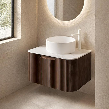 24 Inch Bathroom Vanity with Sink, Floating Wall Mounted Single Sink Vanity for Small Baths, Dark Walnut Curved Fluted Front, Stone Top, Pure White Round Vessel Basin, Pre-Assembled