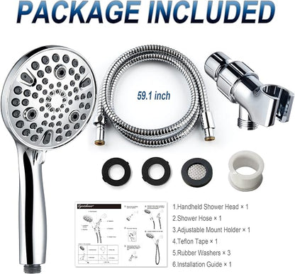 Shower Head with Handheld,High Pressure 10 Spray Modes Showerhead,Chrome | 4.7”Detachable Showerhead Set with 5ft Hose, Adjustable Bracket and Built-in Power Wash to Clean Tub, Tile & Pets - Chrome