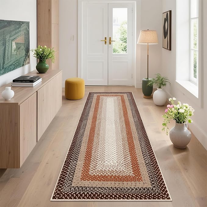 Imitation Braided Collection-Print Washable Runner Rug 2x8 Non Slip Bathroom Rug Bordered Soft Farmhouse Throw Rugs Kitchen Runner Stain Resistant Carpet for Hallway Entryway Rugs