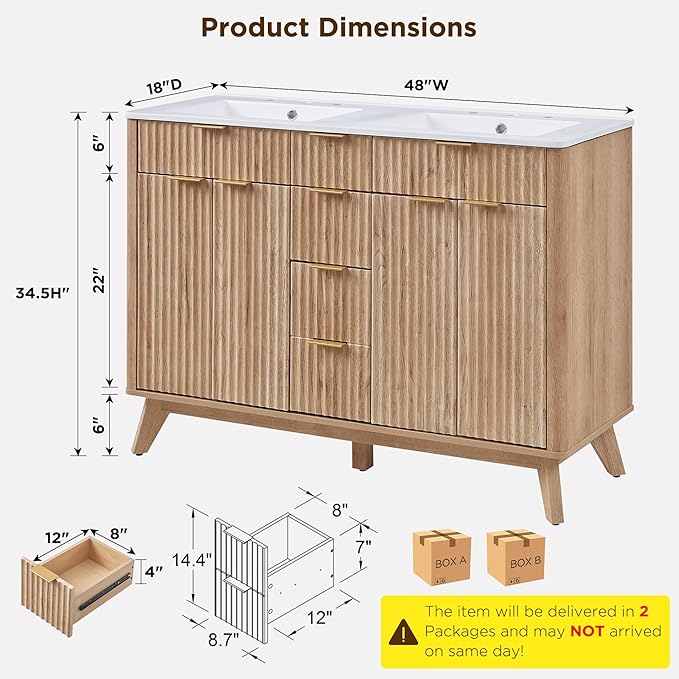 T4TREAM 48" Fluted Bathroom Vanity with Resin Sink Combo，Freestanding Modern Bathroom Storage Vanity Cabinet with Soft Closing Doors & 2 Drawers，Wood Grain Texture，Metal Handle，Natural Oak