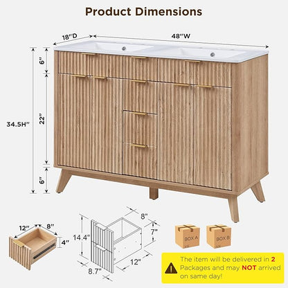 T4TREAM 48" Fluted Bathroom Vanity with Resin Sink Combo，Freestanding Modern Bathroom Storage Vanity Cabinet with Soft Closing Doors & 2 Drawers，Wood Grain Texture，Metal Handle，Natural Oak