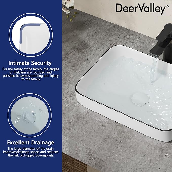 DeerValley Vessel Sink Rectangular, Liberty 15.94"x12.01" White Semi Recessed Bathroom Sink with Black Rim Ceramic Porcelain Rectangle Bathroom Vessel Sink Above Counter Vanity Sink Basin DV-1V0347
