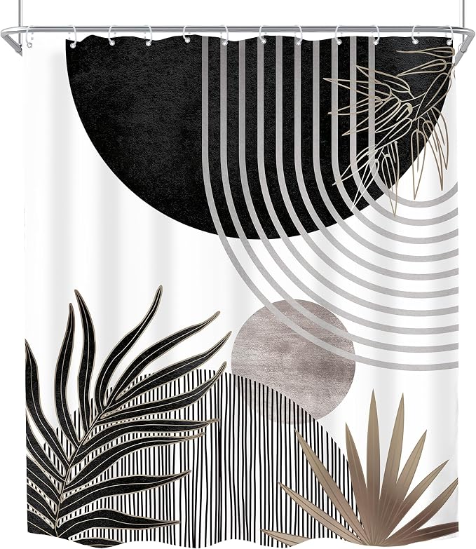 Mid Century Black Gray Boho Abstract Modern Bathroom Shower Curtain Set | 60Wx72L S Plant design, waterproof HD print with fast-drying fabric and 12 hooks.