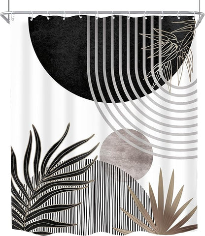 Mid Century Black Gray Boho Abstract Modern Bathroom Shower Curtain Set | 60Wx72L S Plant design, waterproof HD print with fast-drying fabric and 12 hooks.