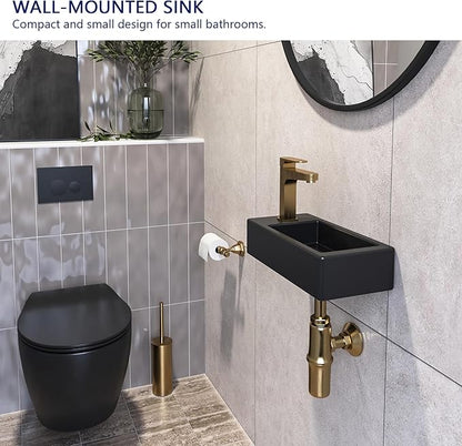 Small Bathroom Sink DeerValley, 15"x7" Mini Rectangle Wall Mount Vessel Sink for Bathroom Powder Room Cloakroom, Floating Space Saving Design, Easy to Clean Matte Black Ceramic Wash Basin (Left Hand)