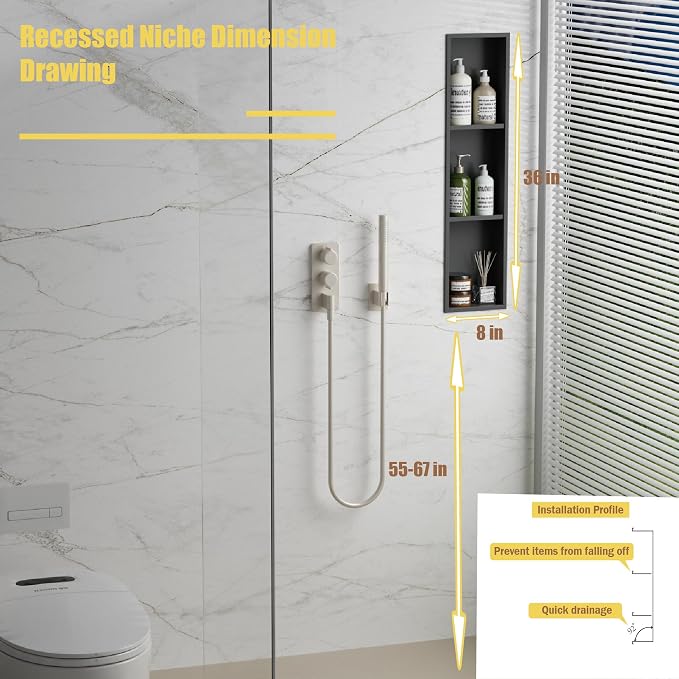 Tall Niche Three-Tiered Shelves Embedded in The Wall，Shower Niche No Tile Needed for Bathroom Niche Decor ，Stainless Steel（Black 8"x 36"）
