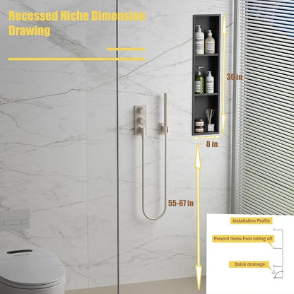 Tall Niche Three-Tiered Shelves Embedded in The Wall，Shower Niche No Tile Needed for Bathroom Niche Decor ，Stainless Steel（Black 8"x 36"）