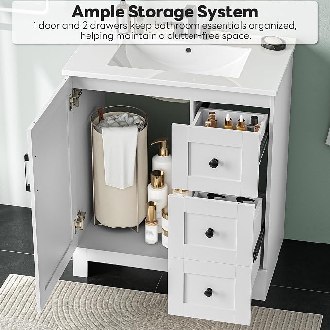 LIKIMIO 30" Bathroom Vanity with Sink, 2 Soft-Close Drawers & 1 Door, White | Freestanding Bathroom Vanity, Integrated Rectangular Ceramic Sink, Modern Bathroom Storage Cabinet, Assembly Required