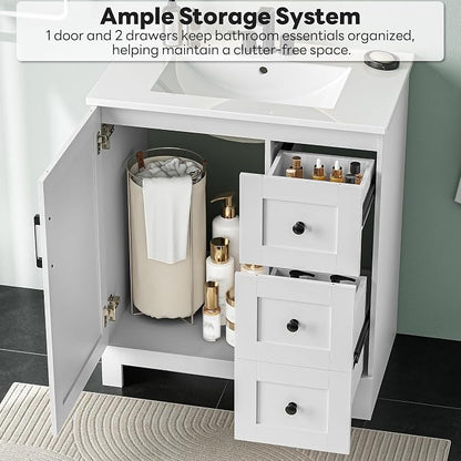 LIKIMIO 30" Bathroom Vanity with Sink, 2 Soft-Close Drawers & 1 Door, White | Freestanding Bathroom Vanity, Integrated Rectangular Ceramic Sink, Modern Bathroom Storage Cabinet, Assembly Required