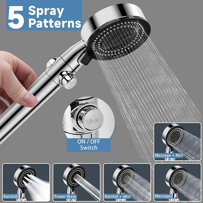 5+1 Mode High Pressure Replacement Silver RV Shower Head with Hose | On/Off Switch, Water Saving Motorhome Shower Head for RV/Campervan, Caravan