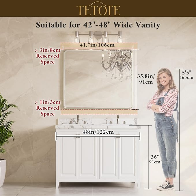 Brushed Nickel Mirrors for Over Sink 42 x 36 Beveled Edge Tempered Glass, Rounded Corner Rectangle Framed Mirror for Modern Bathroom, Living Room, Bedroom, Entryway