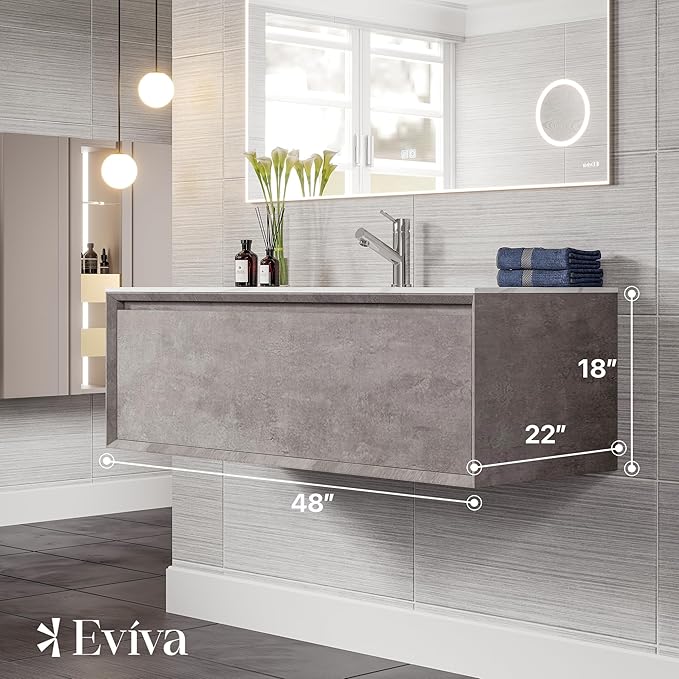 Eviva Aurora 48 in. Concrete Gray Wall Mount Single Sink Bath Vanity with Carrara Quartz Top