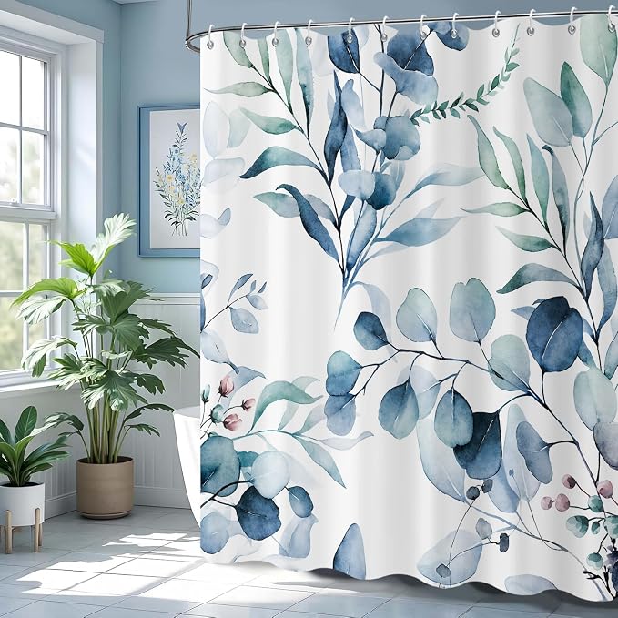 Blue Shower Curtain, Watercolor Eucalyptus Leaves Botanical Plants with Floral Bathroom Curtain Home Bathtub Decor Waterproof Fabric Machine Washable with 12 Hooks,72" Wx72 L