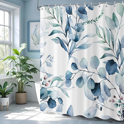 Blue Shower Curtain, Watercolor Eucalyptus Leaves Botanical Plants with Floral Bathroom Curtain Home Bathtub Decor Waterproof Fabric Machine Washable with 12 PCS Hooks,72" Wx84 L