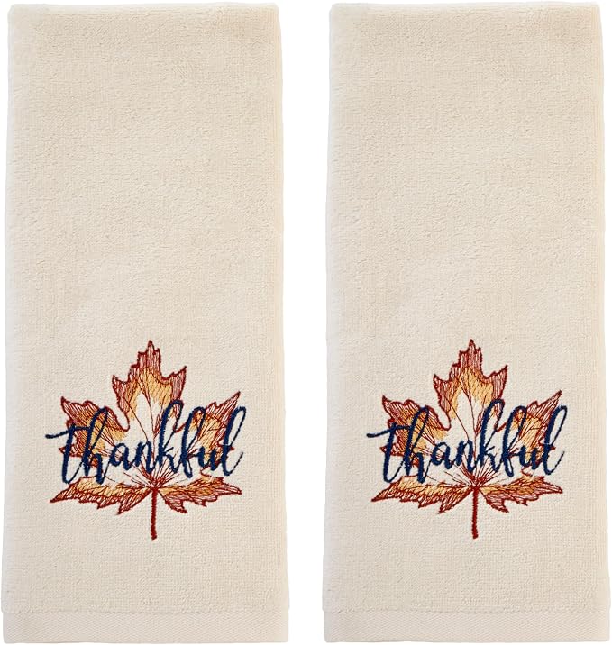 SKL Home Fall/Thanksgiving Thankful Leaf Hand Towel Set-2pc, Natural | 100% Cotton. Soft, embroidered velour. Great for the bathroom, kitchen or bar & holiday gifting.