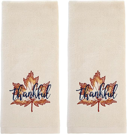SKL Home Fall/Thanksgiving Thankful Leaf Hand Towel Set-2pc, Natural | 100% Cotton. Soft, embroidered velour. Great for the bathroom, kitchen or bar & holiday gifting.