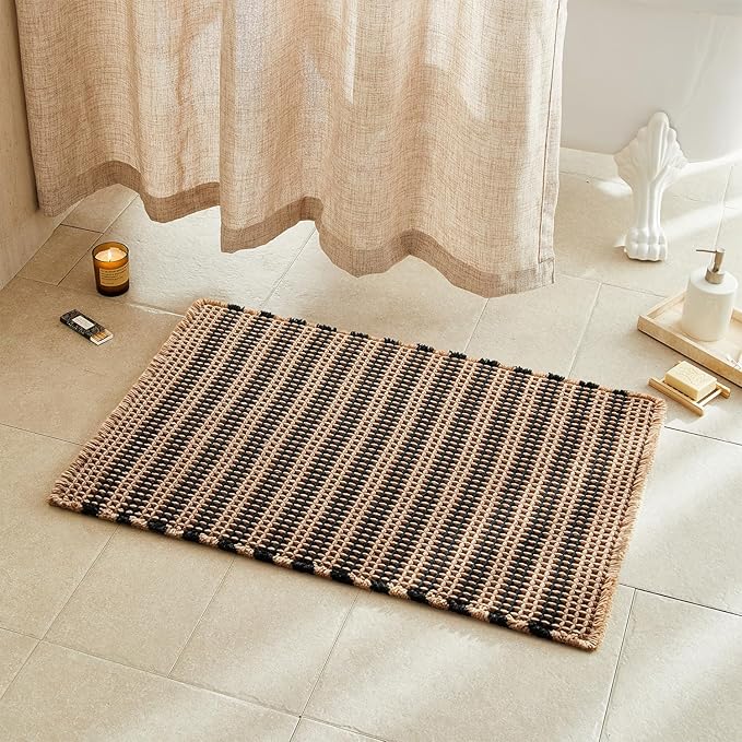 TYUU Waffle Bath Mat, Boho Bathroom Rugs Non Slip, 36x24 Black & Khaki | Super Absorbent Quick Dry Bath Rug, Non-Slip Backing, Soft Waffle Washable Farmhouse Bathroom Mats, Tub, Shower & Home Decor