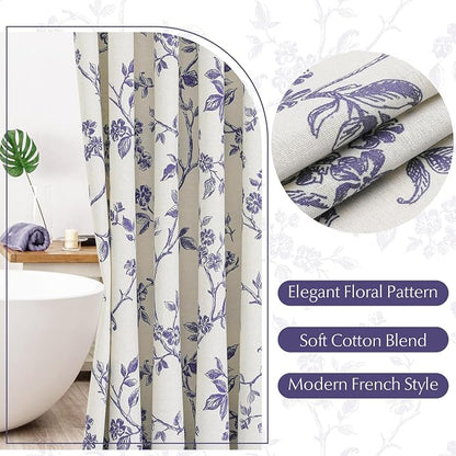 MitoVilla Long Shower Curtain Set 72 x 78, Cotton Floral Cottagecore Spring Shower Curtains for Bathroom, Modern Farmhouse Country Plant Leaves Bathroom Décor