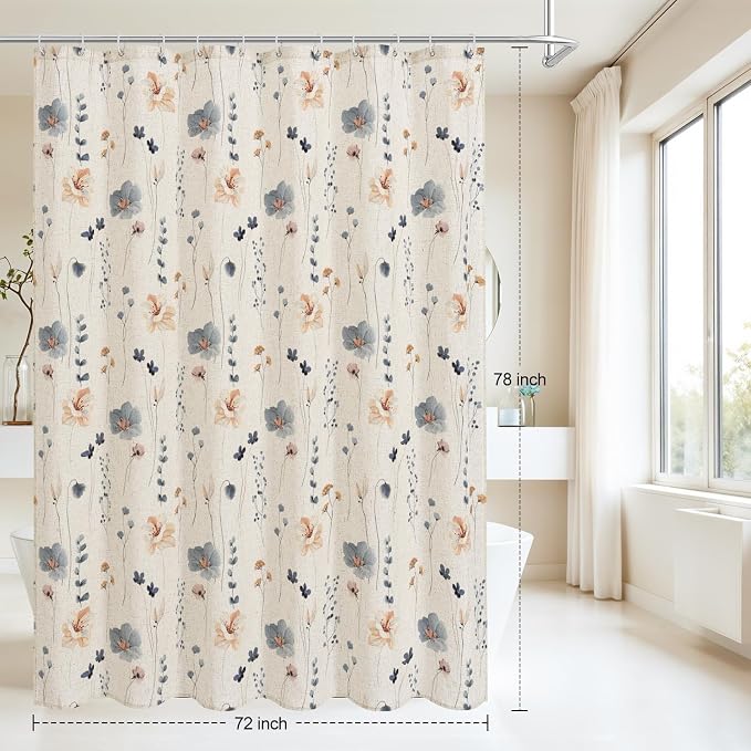 Blue Linen Watercolor Floral Fabric Shower Curtain, 72x78 | Linen Fabric, Modern Minimalist Floral Print, Machine Washable, Rustproof Grommets, for Bathroom Home