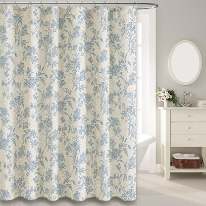 WOUVMA Blue Shower Curtain Floral Cotton Linen Cottagecore Shower Curtain for Bathroom 72" W x 72" L