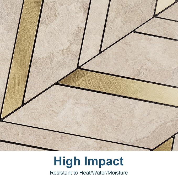 Yipscazo 10-Sheet Herringbone Peel and Stick Backsplash, Beige Stone Mixed Metal Gold PVC Stick on Tiles for Kitchen, Waterproof Self Adhesive Wall Tiles for Bathroom