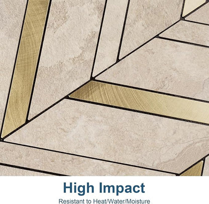 Yipscazo 10-Sheet Herringbone Peel and Stick Backsplash, Beige Stone Mixed Metal Gold PVC Stick on Tiles for Kitchen, Waterproof Self Adhesive Wall Tiles for Bathroom