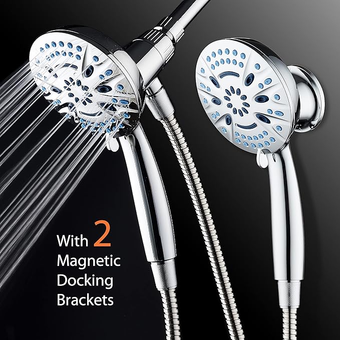 AquaCare Magneton 8-Mode High Pressure Handheld Shower Head with 2 Brackets | Space-age Magnetic Guidance Docking, Giant 5-inch Face with Hygienic Jets, Extra-long 6 ft. Stainless Steel Hose / Chrome