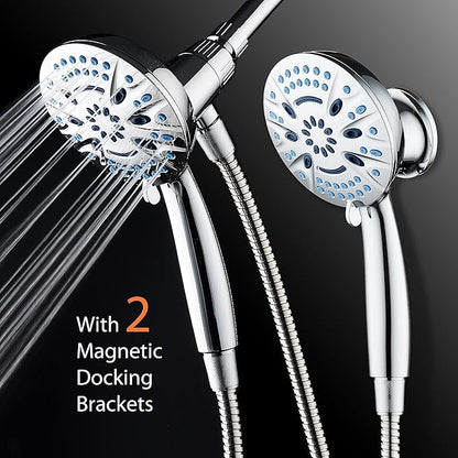 AquaCare Magneton 8-Mode High Pressure Handheld Shower Head with 2 Brackets | Space-age Magnetic Guidance Docking, Giant 5-inch Face with Hygienic Jets, Extra-long 6 ft. Stainless Steel Hose / Chrome