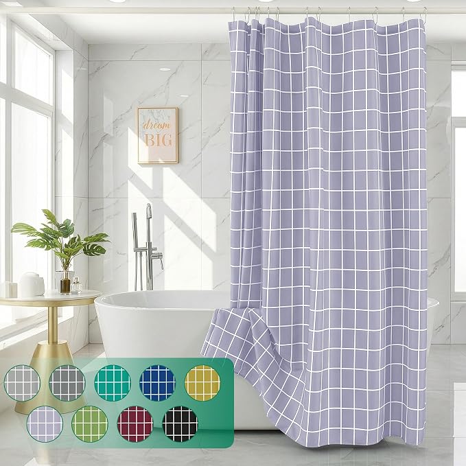 Fabric Farmhouse Shower Curtain-Cloth Extra Long Shower Curtains Bathroom | 72"Wx84"L Lavender Faux Linen Grid Minimalist Simple Rustic Neutral Shower Curtain-Geometric Plaid Washable Hotel Quality