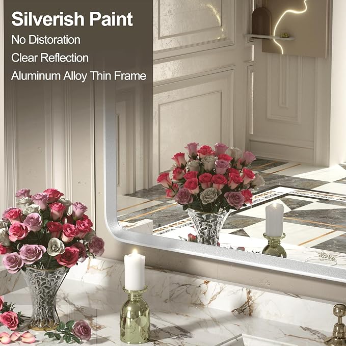 55x40 Inch Silver Framed Mirror for Wall | Silver Bathroom Vanity Mirror, Rounded Rectangle Mirror, Shatterproof, Anti-Rust, Silverish Painted (Horizontal/Vertical)
