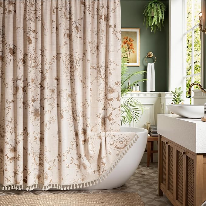 Vintage Beige Floral Shower Curtain with 12 Clear Rings - 72" W x 84" L | Farmhouse Fabric Faux Linen Shower Curtain Set, French Country Cottagecore Style Shower Curtain for Bathroom