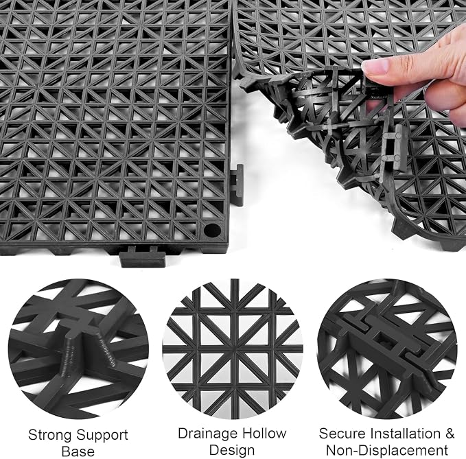 Modular Interlocking Cushion 24 Pack 11.8" x 11.8" Rubber Floor Tiles Non-Slip Splicing Drainage Mats for Deck, Pool, Outdoor Shower, Patio, Balcony, Indoor Bathroom, Kitchen, Yard (Black)
