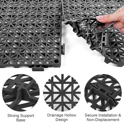 Modular Interlocking Cushion 24 Pack 11.8" x 11.8" Rubber Floor Tiles Non-Slip Splicing Drainage Mats for Deck, Pool, Outdoor Shower, Patio, Balcony, Indoor Bathroom, Kitchen, Yard (Black)