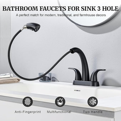 Ultimate Unicorn Matte Black Bathroom Sink Faucet - 4 Inch Centerset Pull Down Vanity Faucets 3 Hole with Pop Up Drain - Two Handle Modern Washbasin Tap Set with Pull Out Sprayer for Rv Restroom
