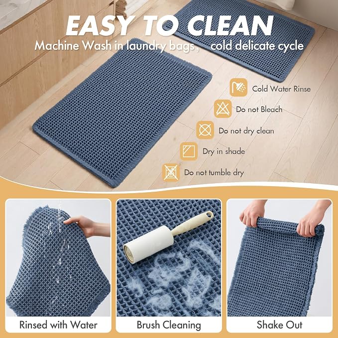 MIULEE Set of 2 Waffle Bathroom Rugs Boho Bath Mat Blue 17"x24"+18"x30" | Non Slip, Super Absorbent, Washable, Ultra Soft, Rubber Backed, Small Bath Rugs for Bathroom Floor Tub Shower