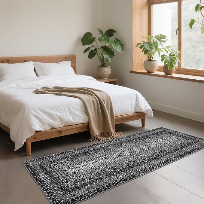 Imitation Braided Collection-Print Long Hallway Runners 2x10 Washable Area Rug, Farmhouse Rustic Bordered Area Rug Non Slip Soft Low Pile Indoor Carpet Runners for Entryways, Laundry Room