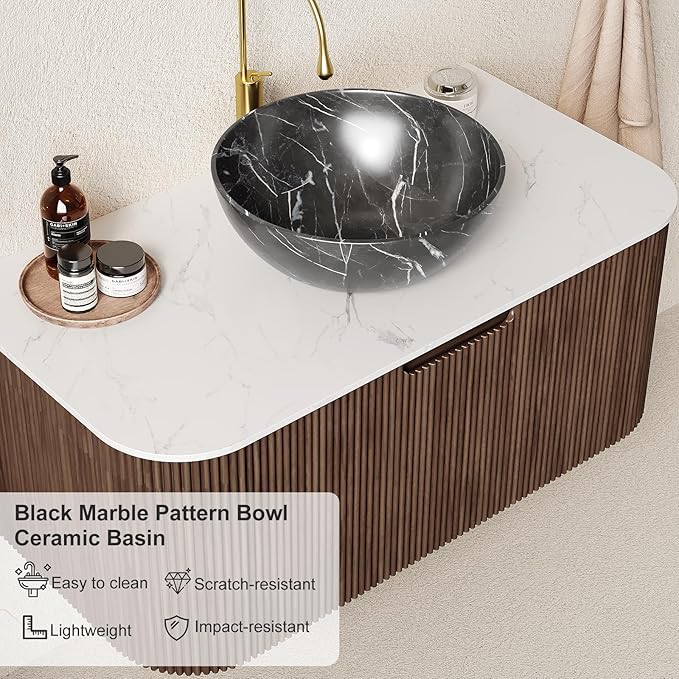 36" Floating Bathroom Vanity with Sink, Wall Mounted Modern Bathroom Cabinet with Ultra-Thin Ceramic Black Basin and Marble Top, Large Storage Drawer, Soft-Close Design, Dark Walnut
