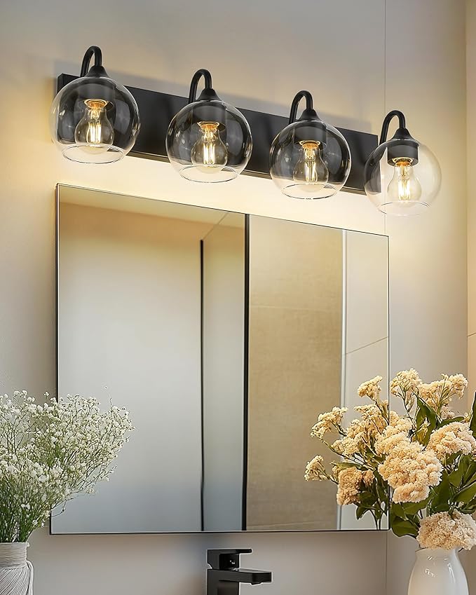 Emak Modern 29 Inch Black Vanity Lights, 4-Light Bathroom Vanity Light with Clear Glass Shade, Farmhouse Globe Bathroom Light Fixtures Over Mirror, VL118-BK-CG-4