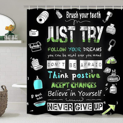 AZHM Black Inspirational Quotes and Positive Phrases Pattern Shower Curtain Set for Bathroom 4 Pcs Whimsical Design Bathroom Accessory Decor Sets with Shower Curtain and Rugs