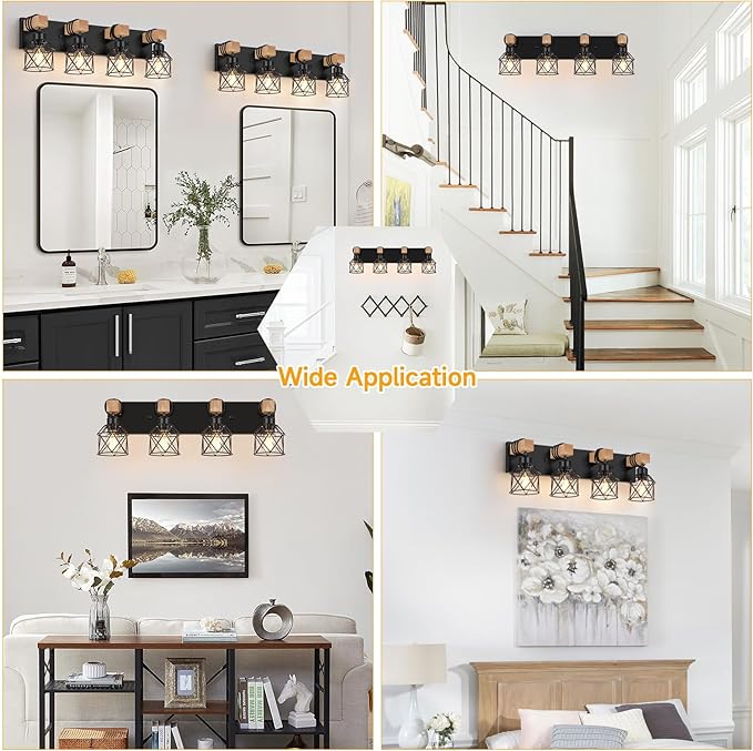FadimiKoo 4-Light Bathroom Vanity Light Fixtures, Black Bathroom Lighting | Rustic Wood & Black Metal Shade, Wood Bathroom Lighting Fixtures Over Mirror, Wall Sconces for Bathroom Bedroom Living Room